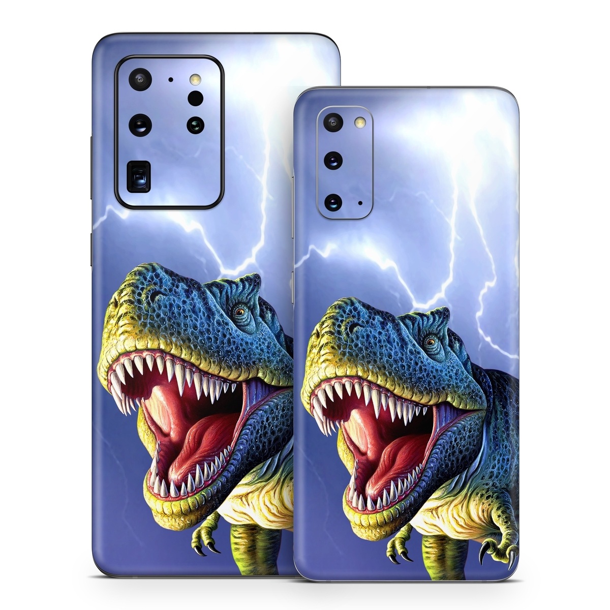 Samsung Galaxy S20 Series Skin design of Dinosaur, Extinction, Tyrannosaurus, Velociraptor, Tooth, Jaw, Organism, Mouth, Fictional character, Art, with blue, green, yellow, orange, red colors