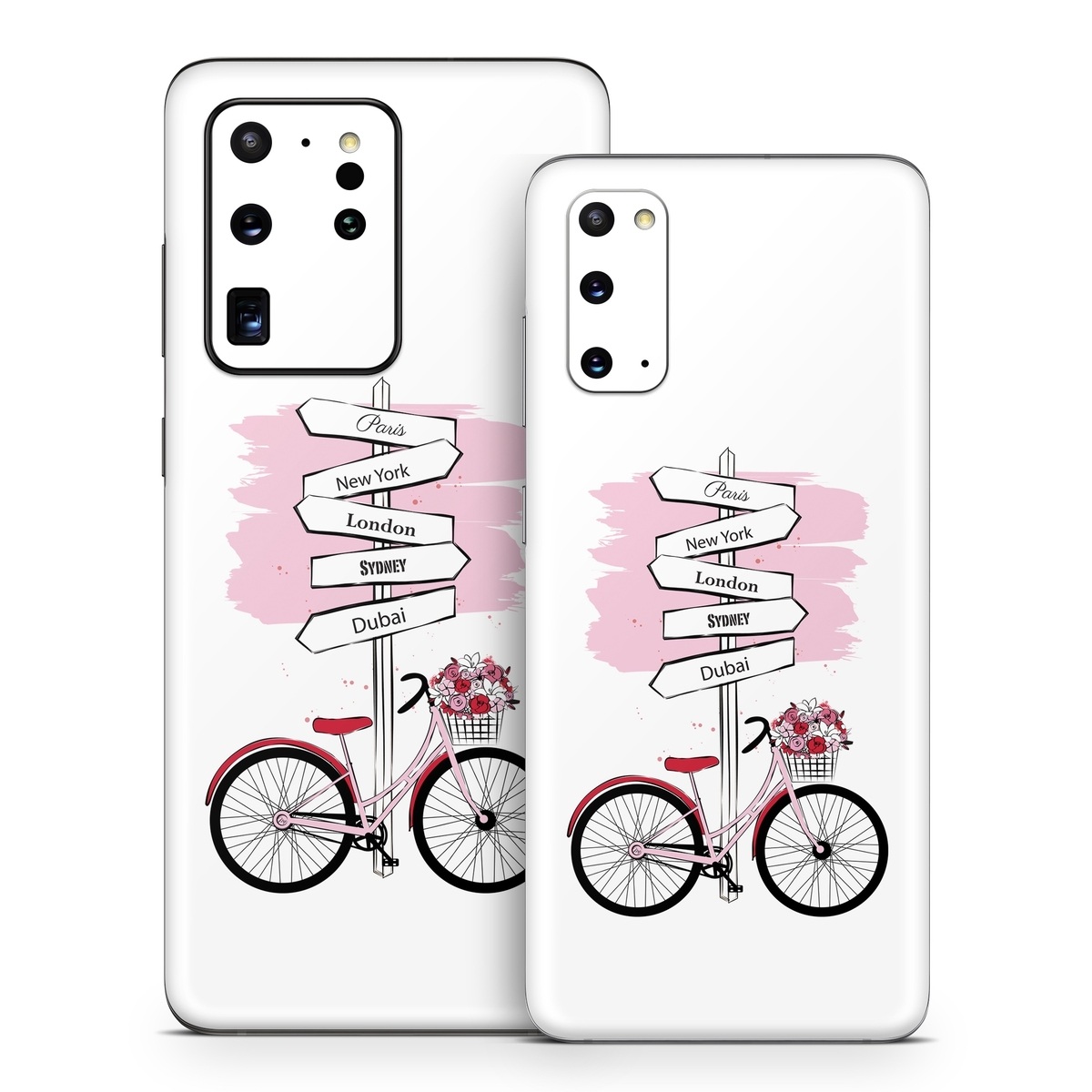Samsung Galaxy S20 Series Skin design of Bicycle, Wheel, Bicycles--Equipment and supplies, Tire, Bicycle tire, Bicycle frame, Bicycle wheel, Bicycle wheel rim, Vehicle, Bicycle fork, with white, black, red, pink colors