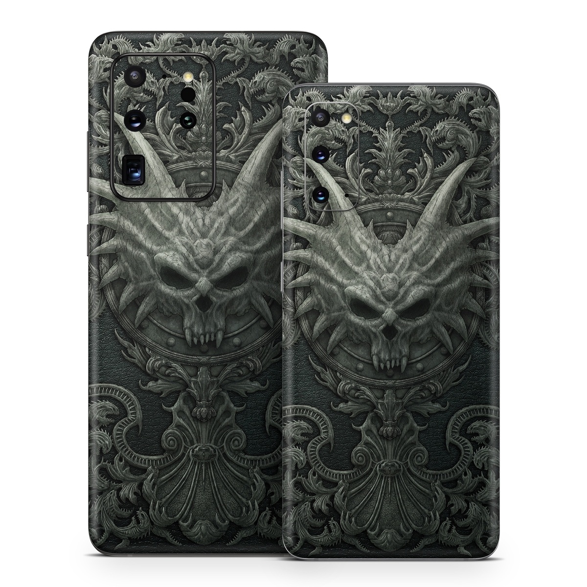 Samsung Galaxy S20 Series Skin design of Demon, Dragon, Fictional character, Illustration, Supernatural creature, Drawing, Symmetry, Art, Mythology, Mythical creature, with black, gray colors