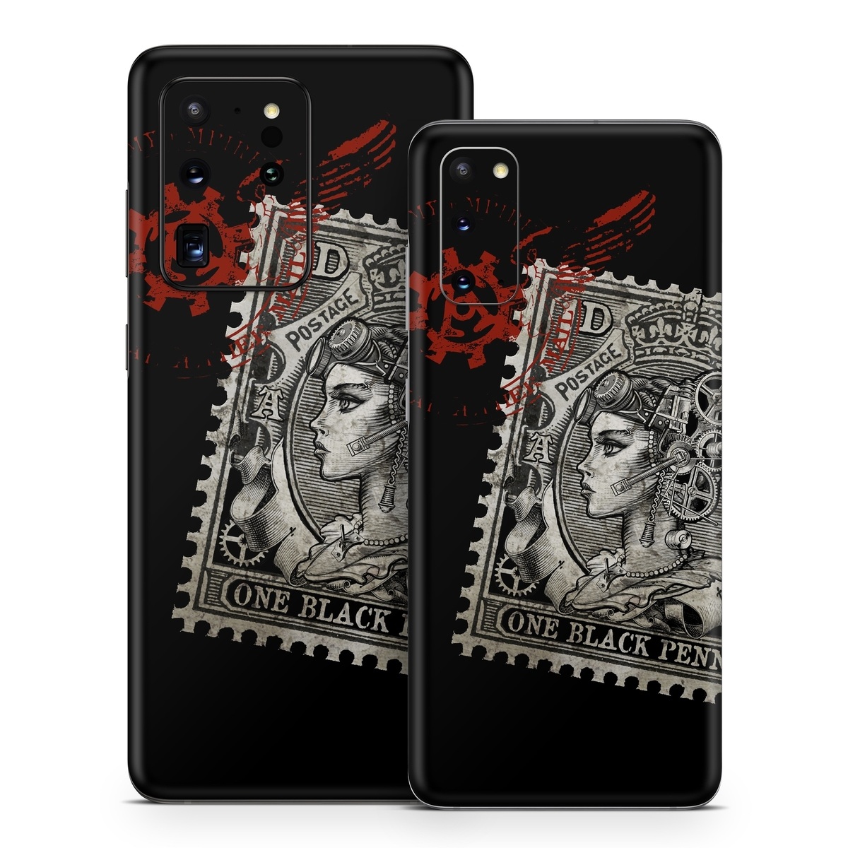 Samsung Galaxy S20 Series Skin design of Font, Postage stamp, Illustration, Drawing, Art, with black, gray, red colors