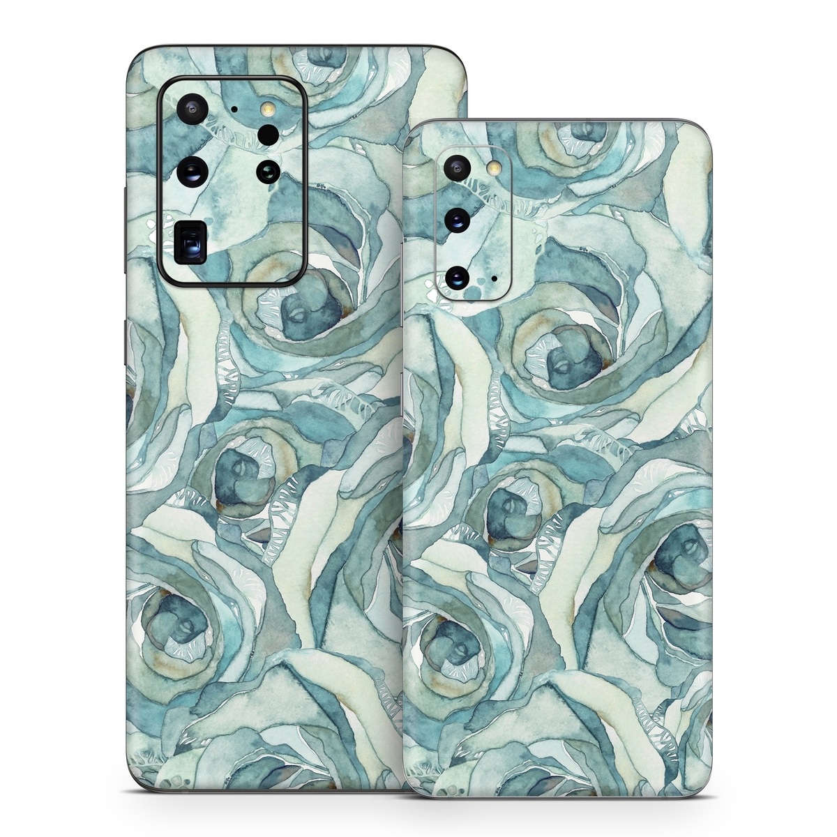 Samsung Galaxy S20 Series Skin design of Rose, Garden roses, Blue, Flower, Rose family, Watercolor paint, Plant, Pattern, Rosa × centifolia, Blue rose, with blue, green colors