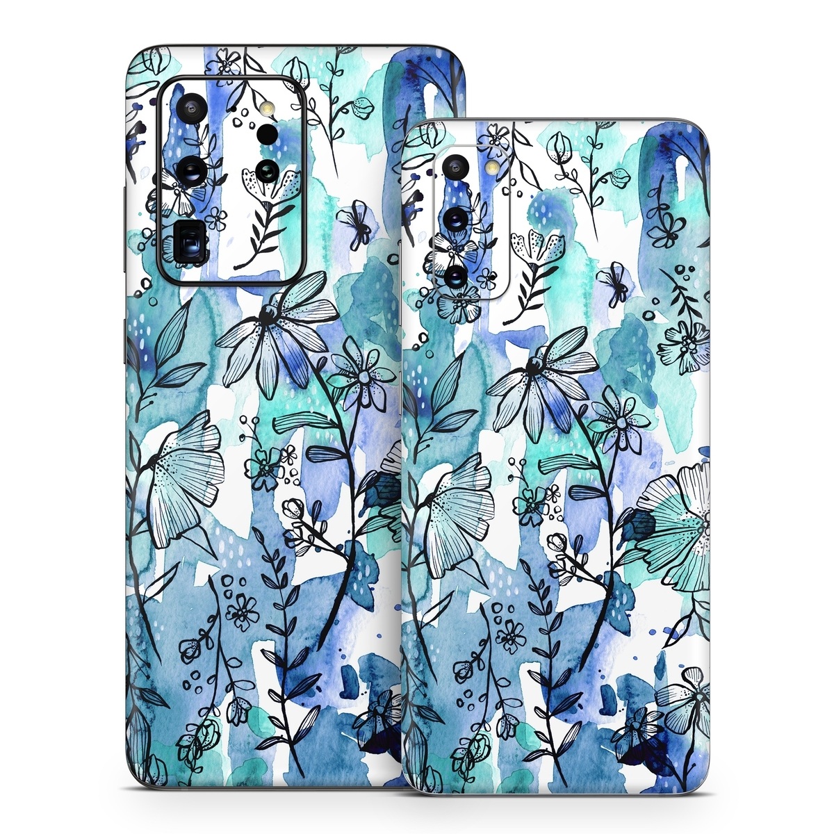 Samsung Galaxy S20 Series Skin design of Blue, Pattern, Turquoise, Aqua, Design, Textile, Wildflower, Plant, Wrapping paper, Gift wrapping, with blue, white, black, purple colors