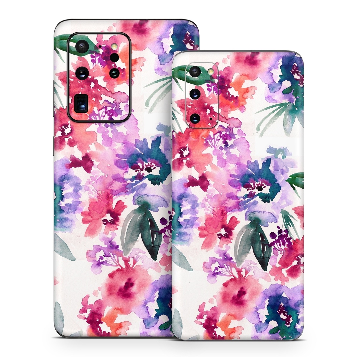 Samsung Galaxy S20 Series Skin design of Purple, Pattern, Pink, Lilac, Violet, Flower, Watercolor paint, Floral design, Plant, Design, with green, pink, red, purple, white colors