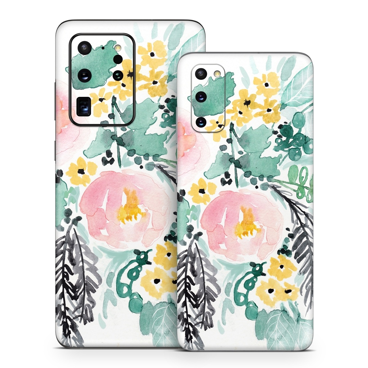 Samsung Galaxy S20 Series Skin design of Branch, Clip art, Watercolor paint, Flower, Leaf, Botany, Plant, Illustration, Design, Graphics, with green, pink, red, orange, yellow colors