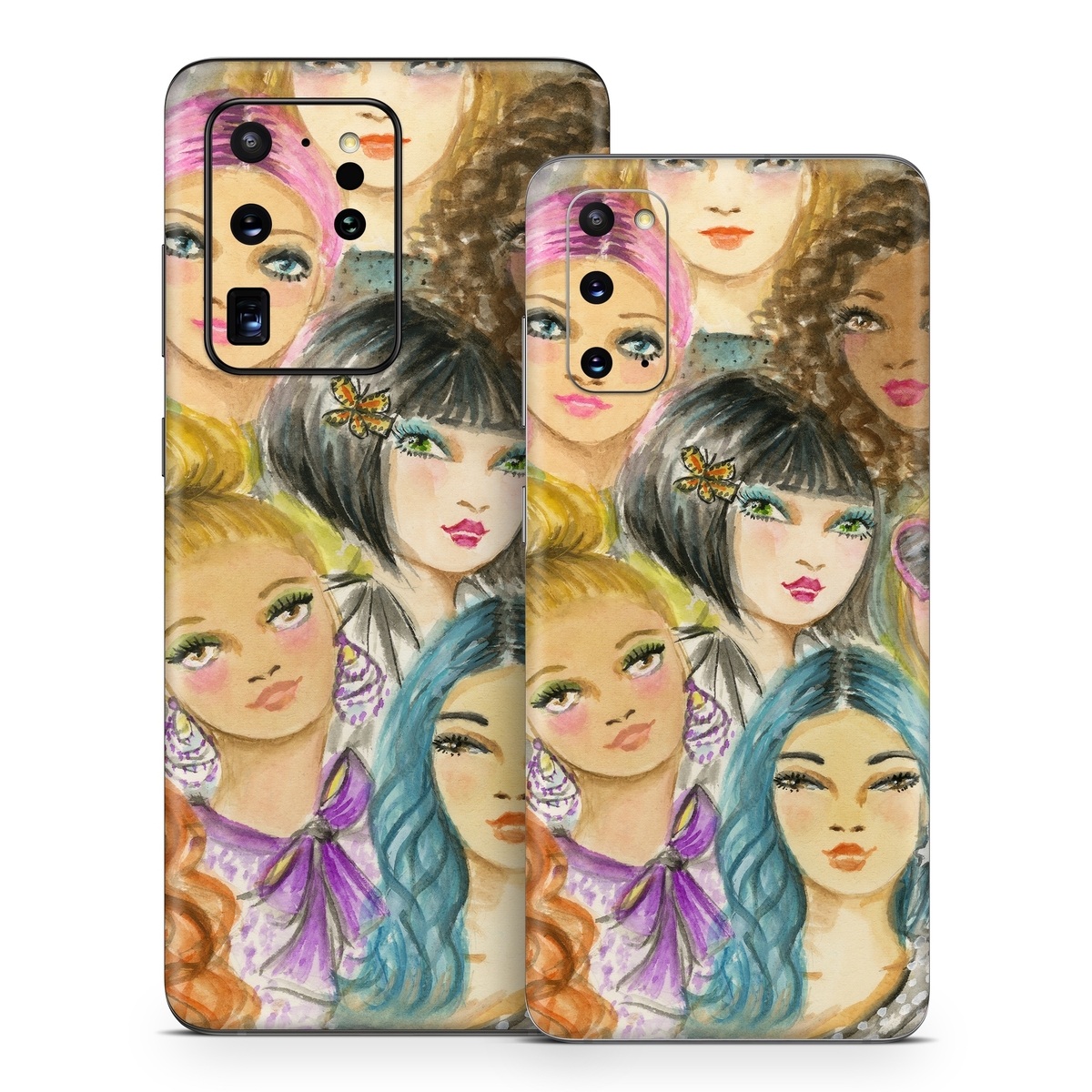 Samsung Galaxy S20 Series Skin design of Face, Hair, Head, Art, Hair coloring, Cheek, Illustration, Human, Watercolor paint, Brown hair, with white, black, brown, yellow, purple, blue, pink colors