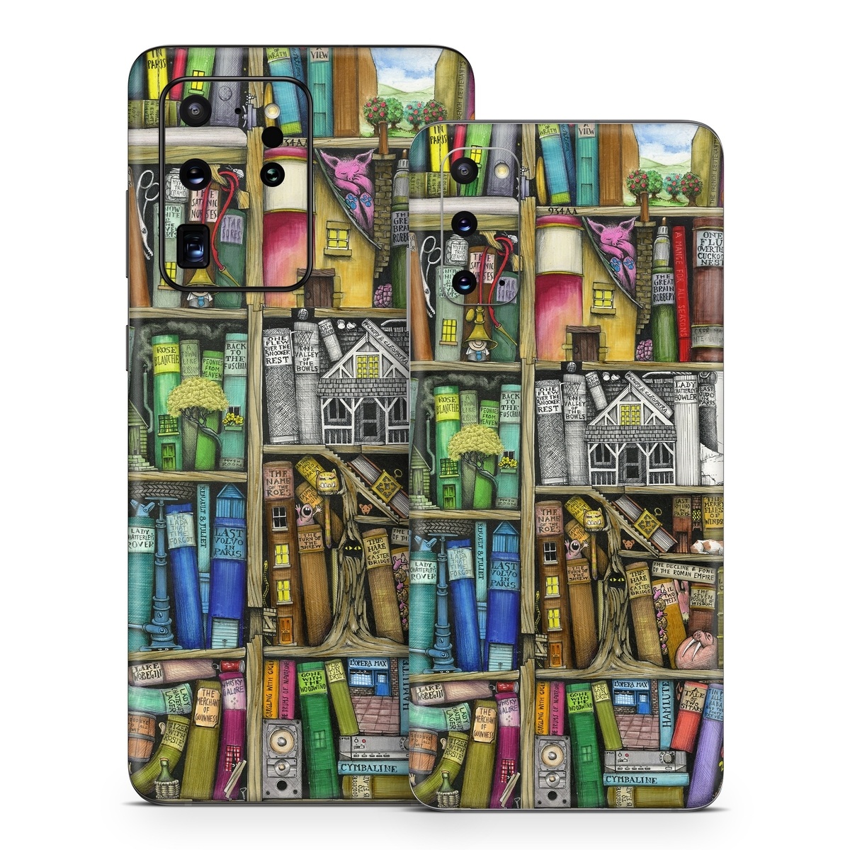 Samsung Galaxy S20 Series Skin design of Collection, Art, Visual arts, Bookselling, Shelving, Painting, Building, Shelf, Publication, Modern art, with brown, green, blue, red, pink colors