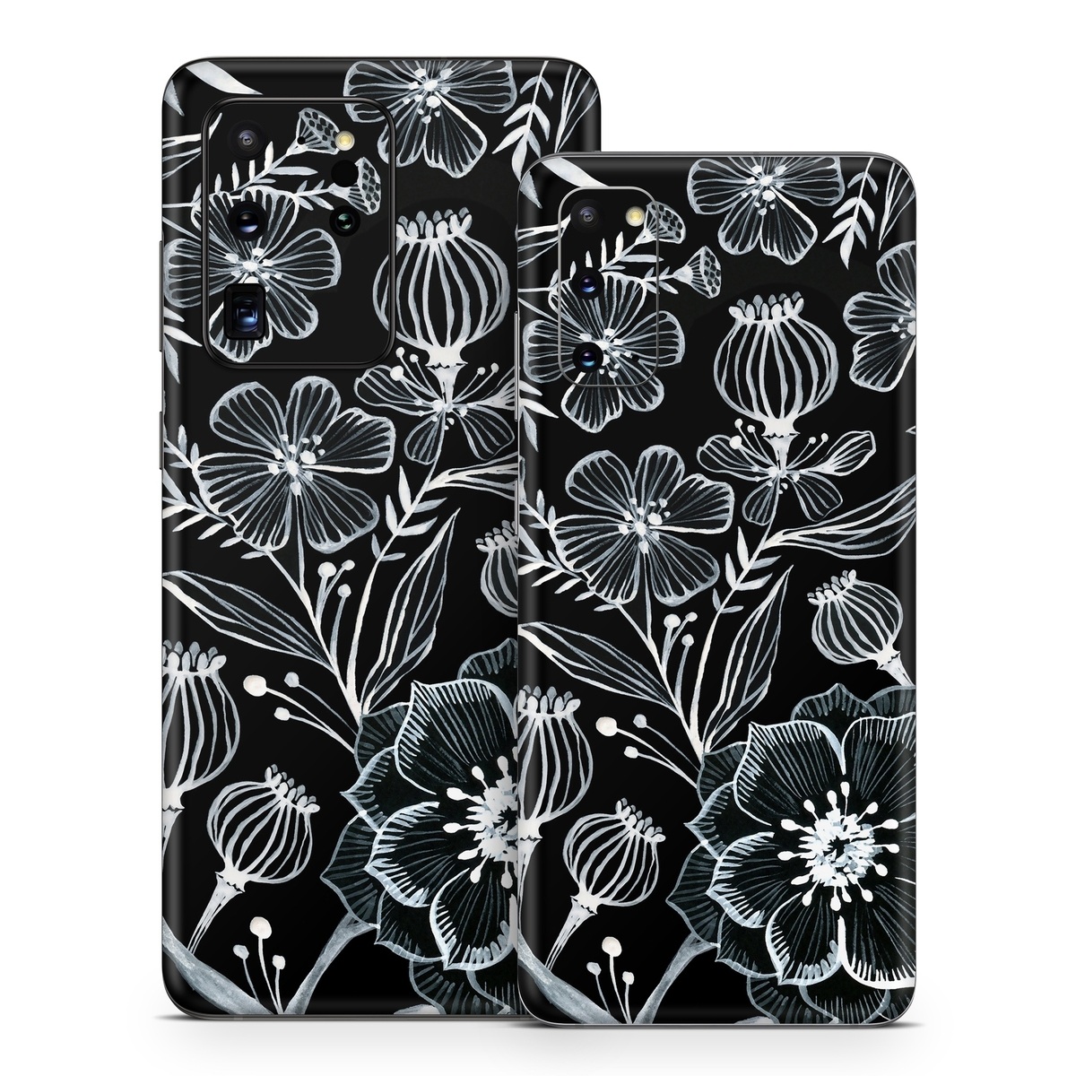 Samsung Galaxy S20 Series Skin design of Pattern, Black-and-white, Flower, Monochrome photography, Plant, Design, Monochrome, Botany, Wildflower, Visual arts, with black, white colors