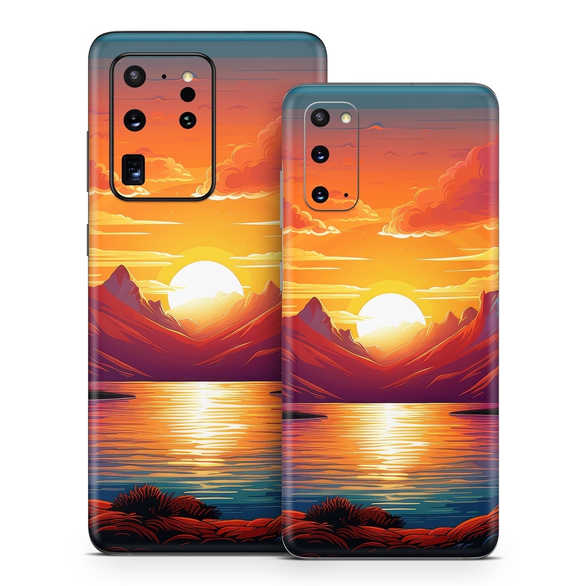 Samsung Galaxy S20 Series Skin design of Water, Cloud, Sky, Ecoregion, Afterglow, Light, World, Nature, Natural landscape, Mountain, with red, orange, yellow, blue, purple colors