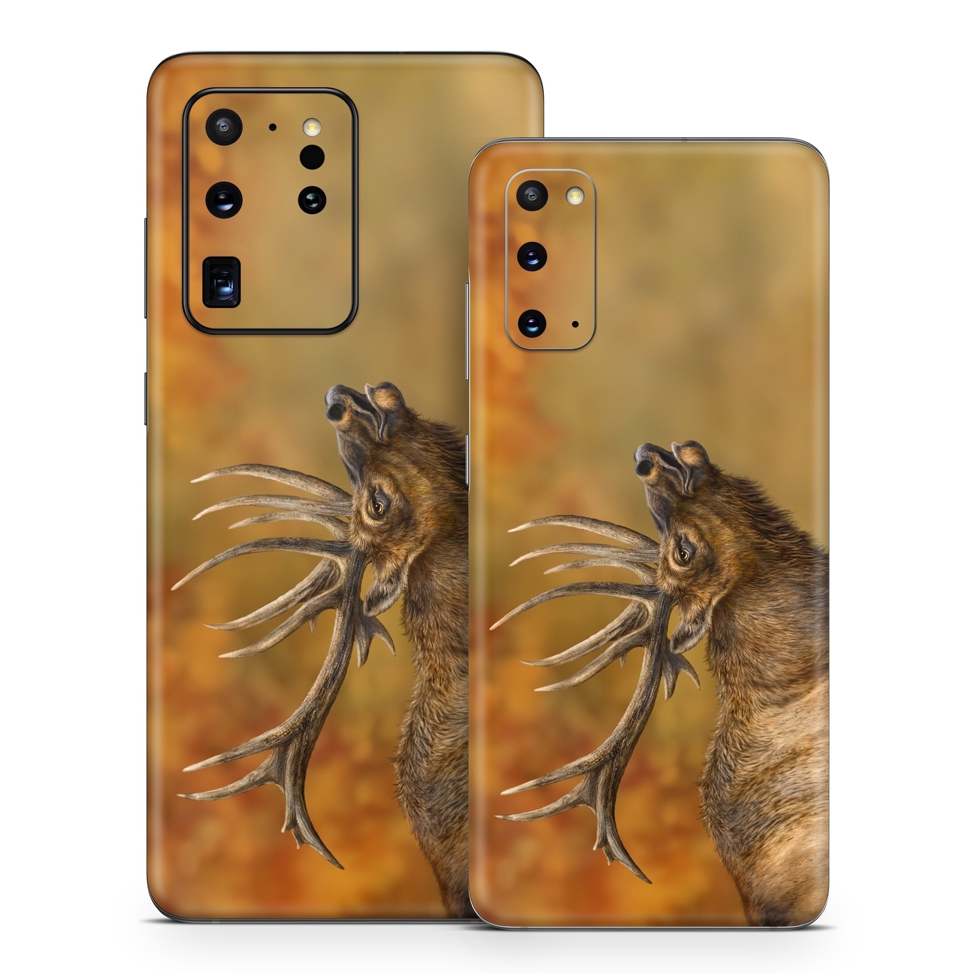 Samsung Galaxy S20 Series Skin design of Head, Deer, Natural material, Barren ground Caribou, Fawn, Terrestrial animal, Horn, Elk, Snout, Reindeer, with brown, black, orange, yellow, gray colors