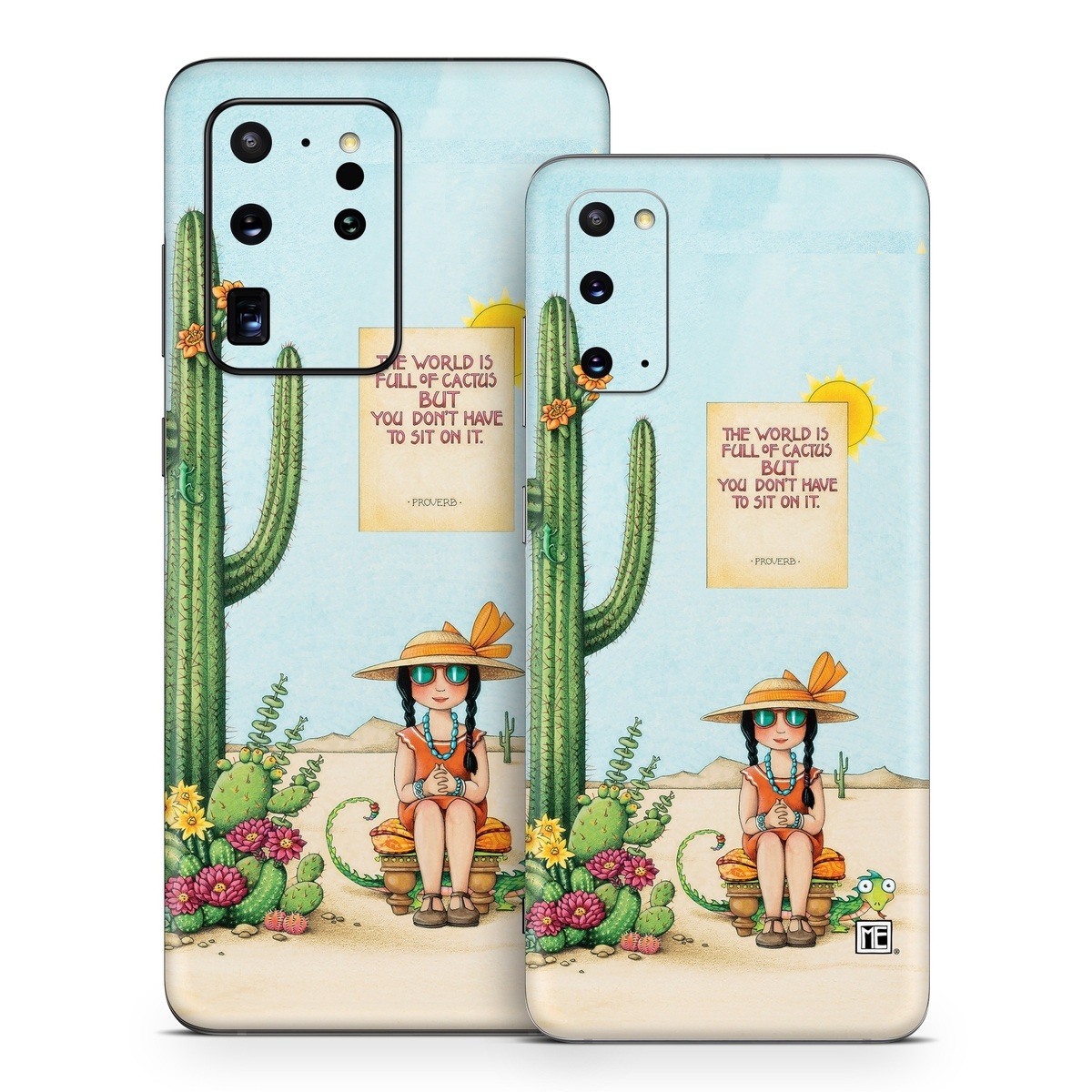 Samsung Galaxy S20 Series Skin design of Cartoon, Cactus, Illustration, Animated cartoon, Plant, Vegetable, Fictional character, Art, with green, yellow, pink, orange, brown colors