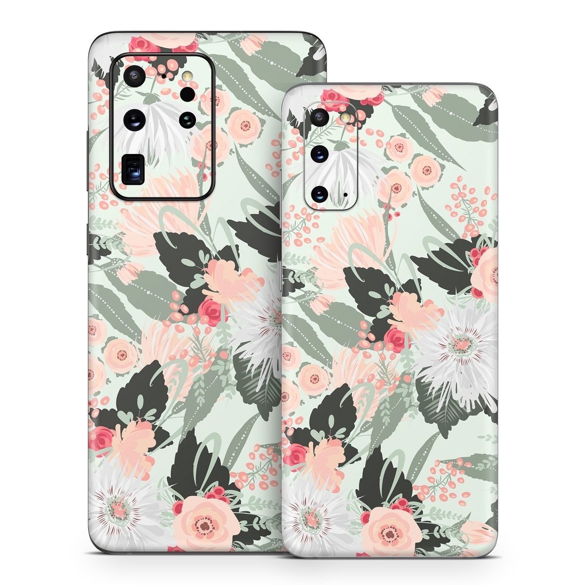 Samsung Galaxy S20 Series Skin design of Pattern, Pink, Floral design, Design, Textile, Wrapping paper, Plant, Peach, Flower, with green, red, white, pink colors