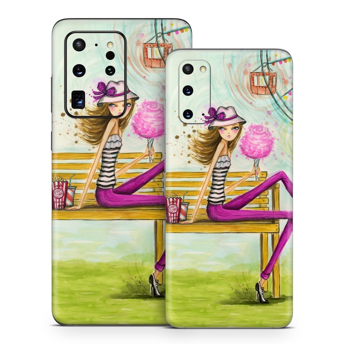 Samsung Galaxy S20 Series Skin design of Illustration, Fashion illustration, Art, Sitting, Watercolor paint, Plant, Graphic design, Style, Painting, with green, yellow, blue, pink, purple, black, white, orange colors