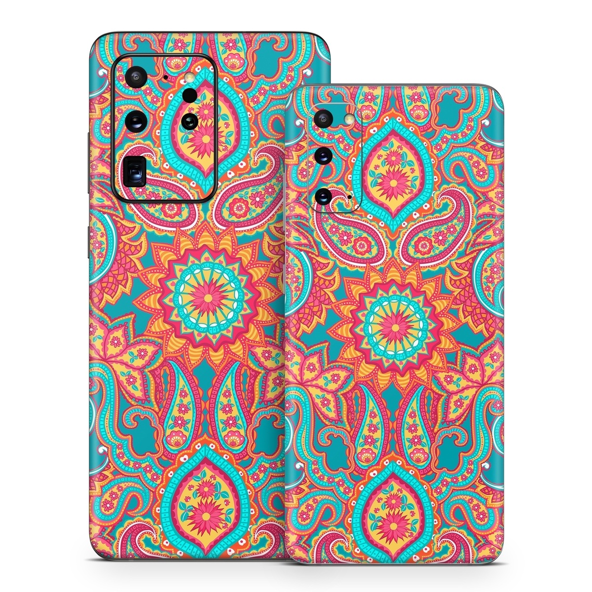 Samsung Galaxy S20 Series Skin design of Pattern, Paisley, Motif, Visual arts, Design, Art, Textile, Psychedelic art, with orange, yellow, blue, red colors