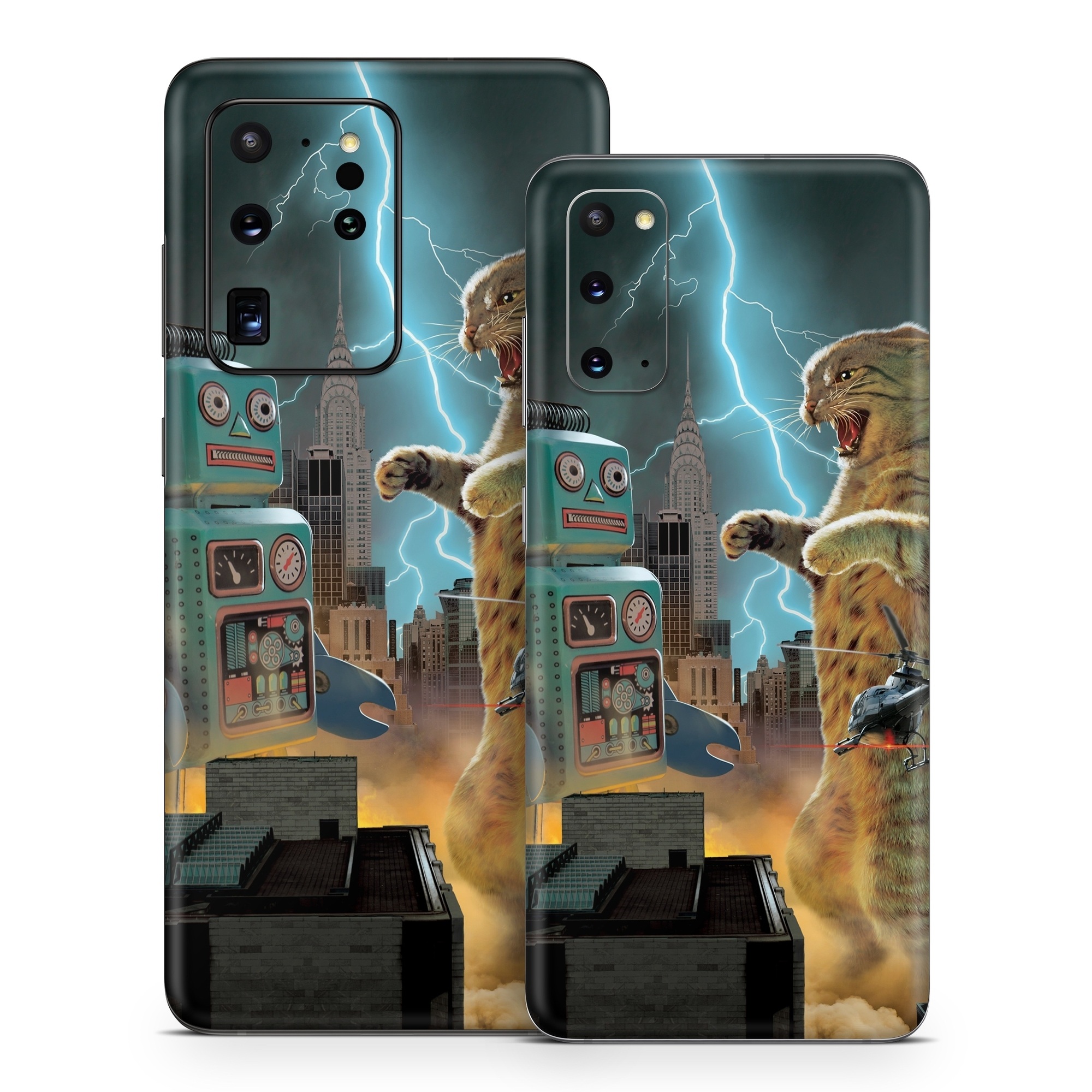 Samsung Galaxy S20 Series Skin design of Lightning, Felidae, Carnivore, Art, Whiskers, Big cats, Cg artwork, Terrestrial animal, Small to medium-sized cats, Thunder, with black, blue, red, yellow, white, brown, gray, orange colors