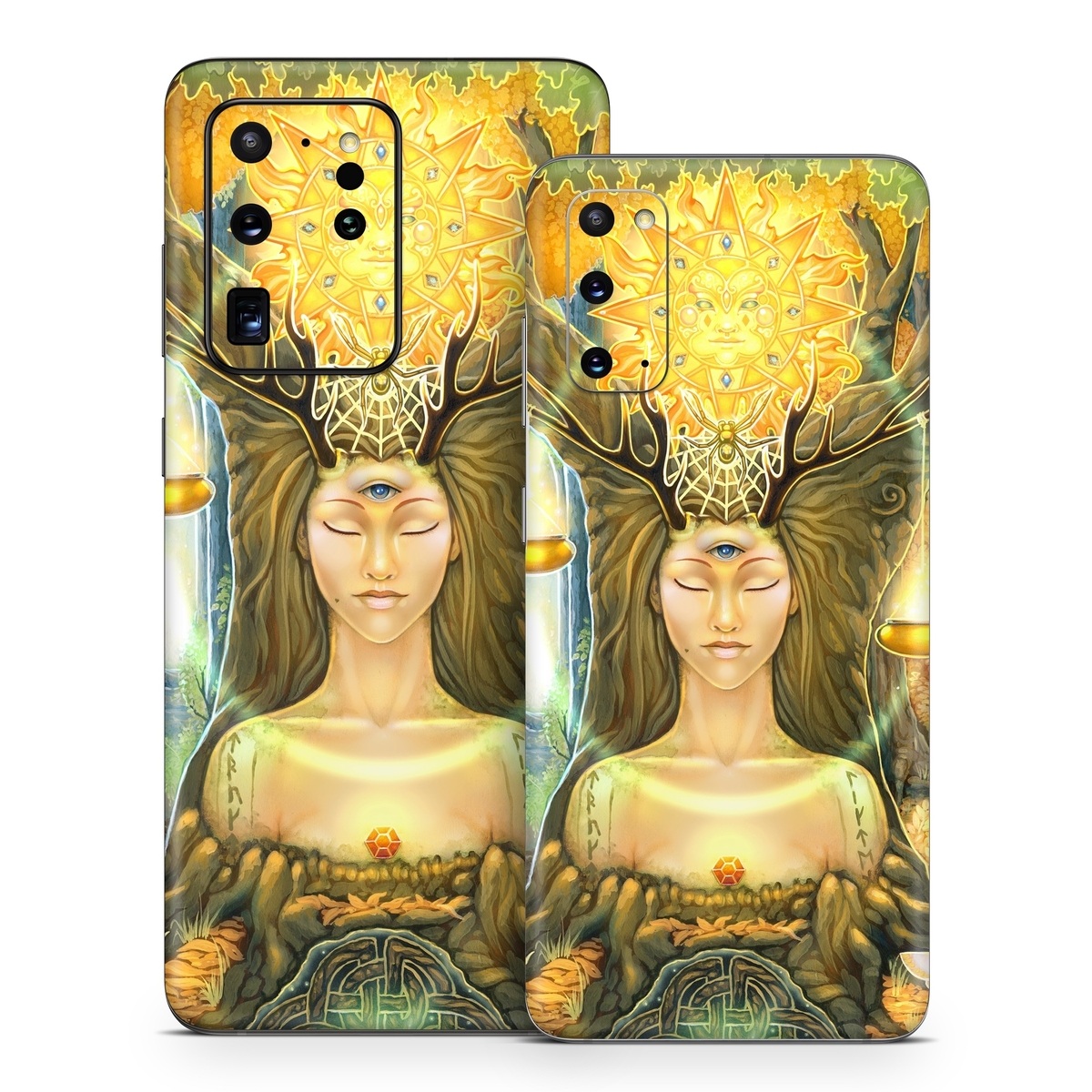 Samsung Galaxy S20 Series Skin design of Painting, Art, Illustration, Plant, Fictional character, Mythology, Cg artwork, Visual arts, Glass, Drawing, with yellow, green, brown, pink, orange, black colors