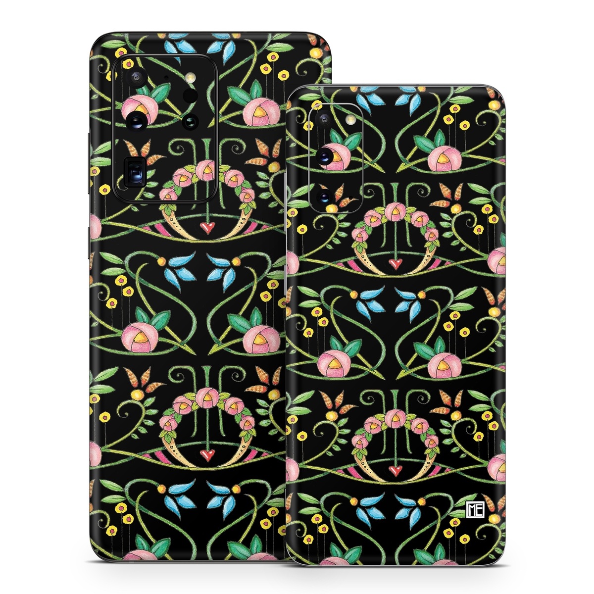 Samsung Galaxy S20 Series Skin design of Flower, Rectangle, Textile, Ornament, Plant, Line, Motif, Creative arts, Art, Pattern, with black, pink, blue, green, yellow colors