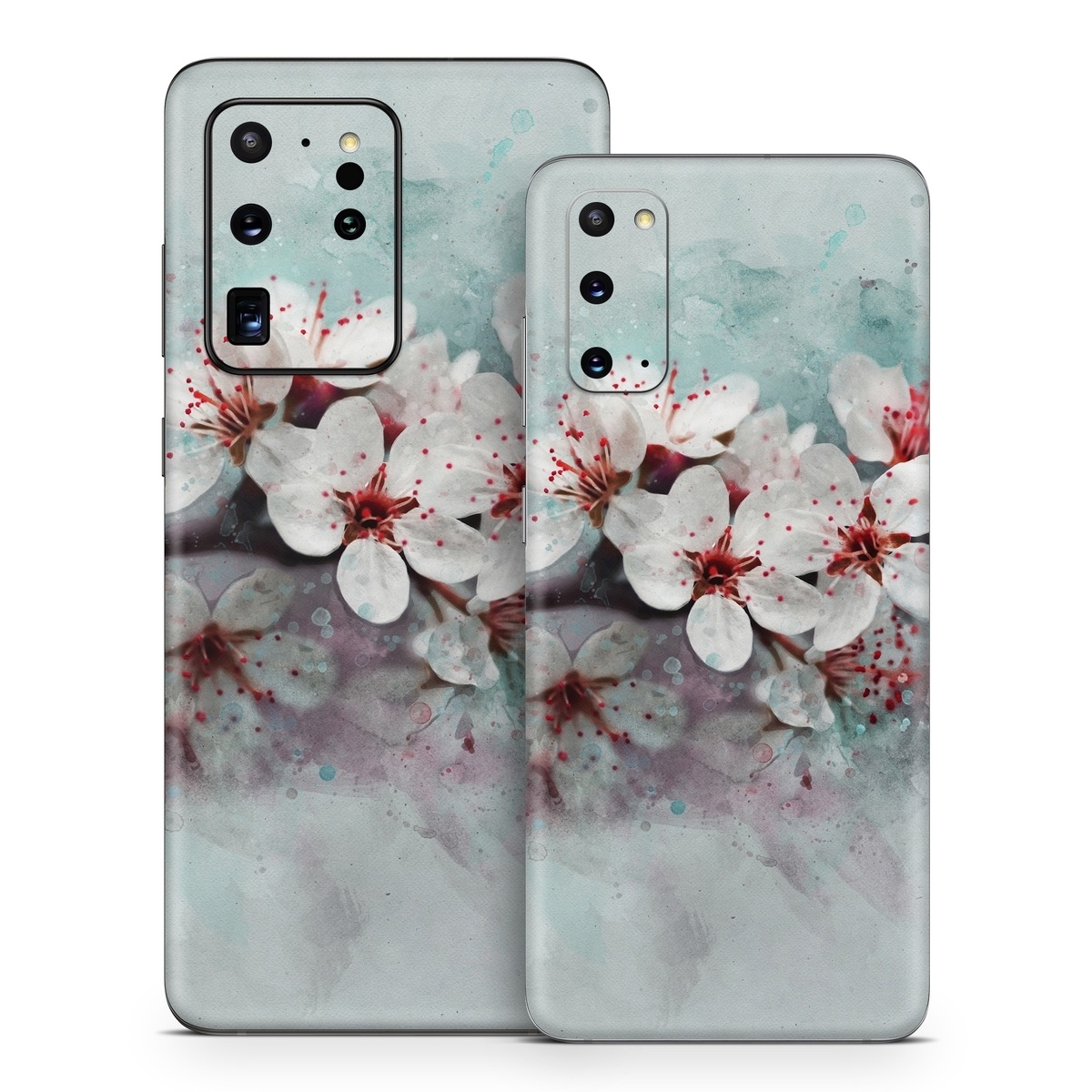 Samsung Galaxy S20 Series Skin design of Blossom, Flower, Cherry blossom, Watercolor paint, Plant, Spring, Pink, Petal, Branch, Painting, with white, gray, red, pink, purple, blue colors