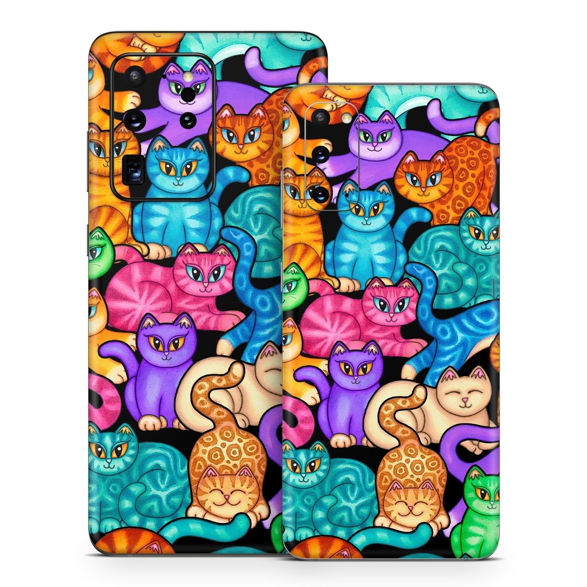 Samsung Galaxy S20 Series Skin design of Cat, Cartoon, Felidae, Organism, Small to medium-sized cats, Illustration, Animated cartoon, Wildlife, Kitten, Art, with black, blue, red, purple, green, brown colors