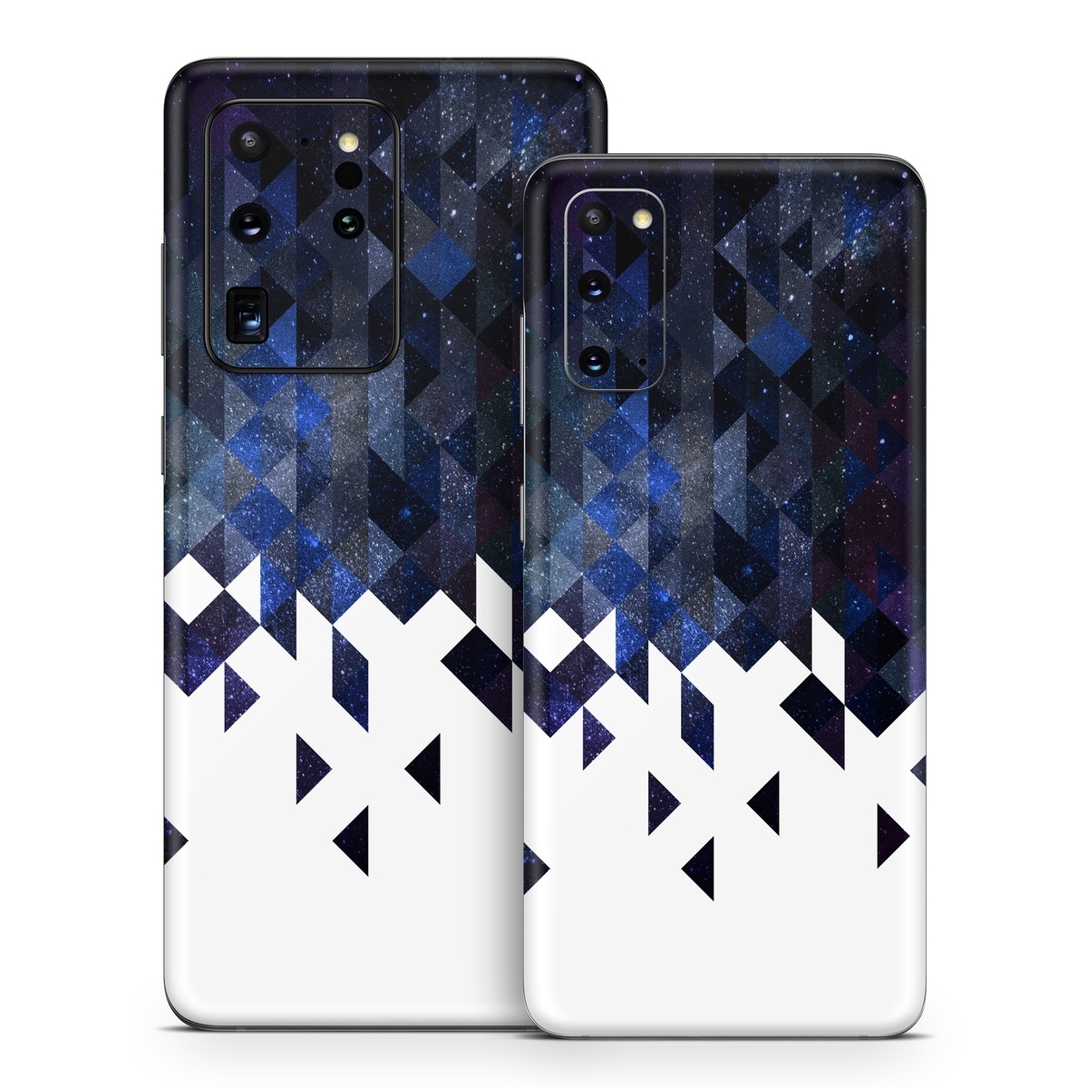 Samsung Galaxy S20 Series Skin design of Text, Pattern, Graphic design, Font, Purple, Design, Line, Triangle, Logo, Graphics, with black, blue, white colors