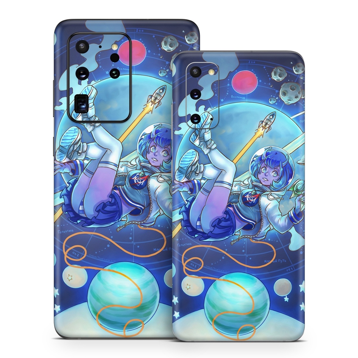 Samsung Galaxy S20 Series Skin design of Cartoon, Illustration, Graphic design, Games, Space, Design, Anime, Art, Graphics, Fictional character, with blue, white, yellow, purple, green, red, orange, black colors