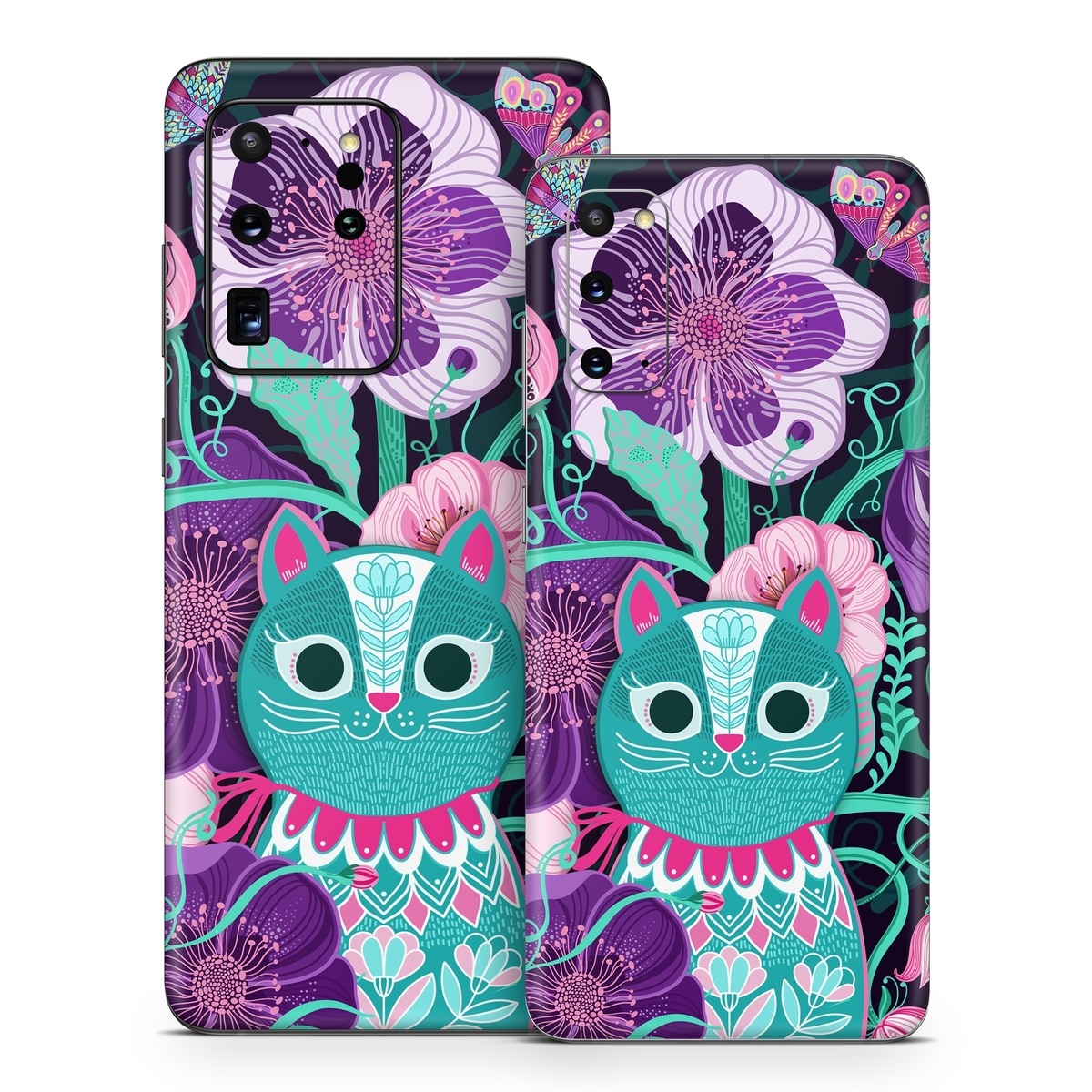 Samsung Galaxy S20 Series Skin design of Botany, Purple, Textile, Organism, Pink, Art, Painting, Font, Creative arts, Magenta, with black, blue, pink, purple, green, red colors