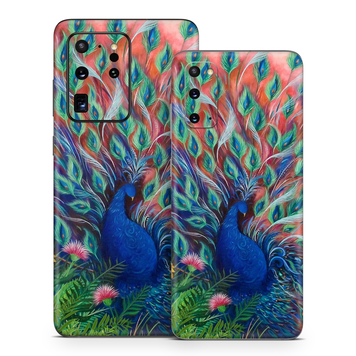 Samsung Galaxy S20 Series Skin design of Painting, Acrylic paint, Bird, Child art, Art, Galliformes, Peafowl, Visual arts, Watercolor paint, Plant, with black, red, gray, blue, green colors
