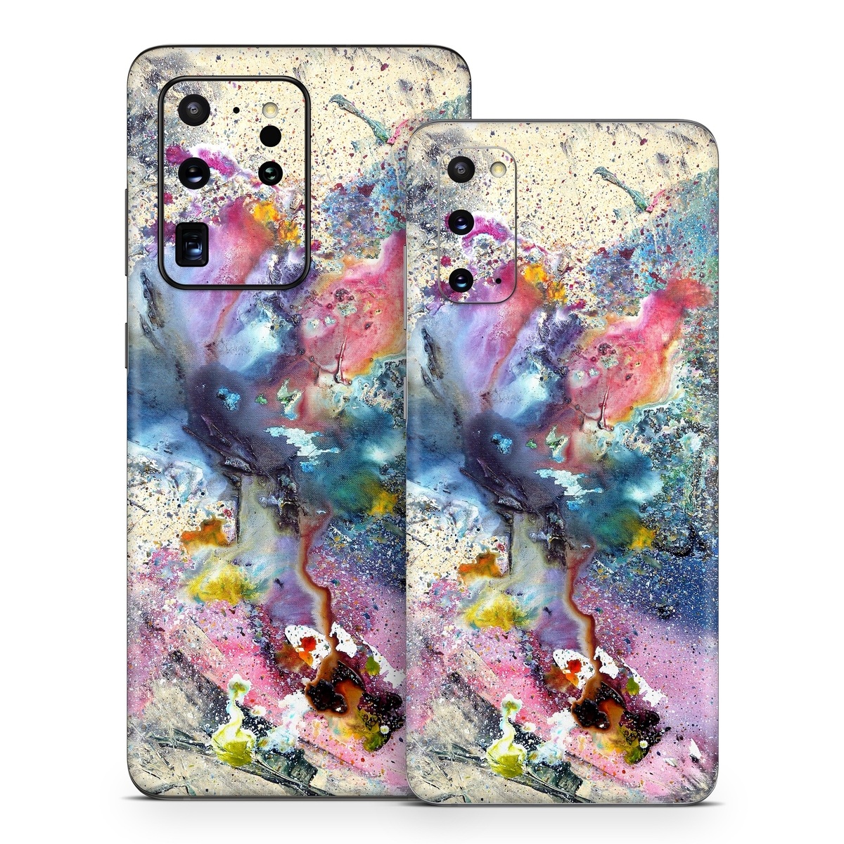 Samsung Galaxy S20 Series Skin design of Watercolor paint, Painting, Acrylic paint, Art, Modern art, Paint, Visual arts, Space, Colorfulness, Illustration, with gray, black, blue, red, pink colors