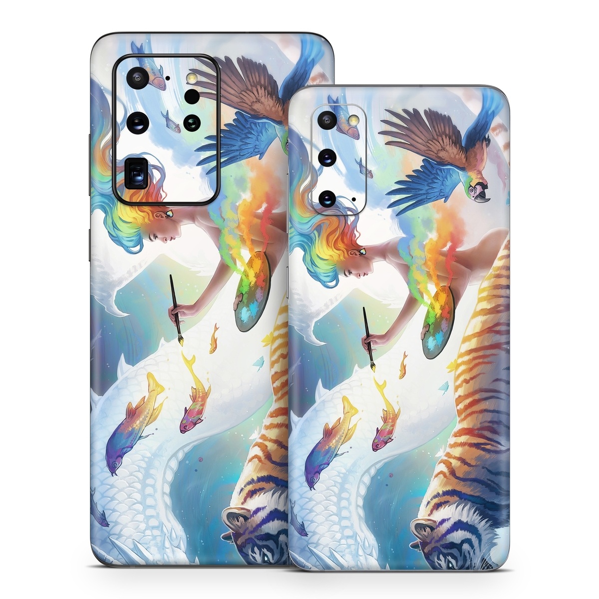 Samsung Galaxy S20 Series Skin design of Siberian tiger, Bengal tiger, Vertebrate, Tiger, Felidae, Mammal, Water, Carnivore, Art, Painting, with blue, red, yellow, orange, green, purple, black, white colors