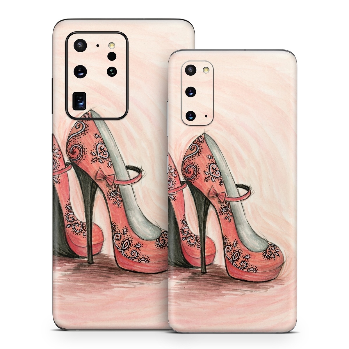 Samsung Galaxy S20 Series Skin design of Footwear, High heels, Shoe, Pink, Court shoe, Illustration, Leg, Basic pump, Peach, Painting, with pink, gray, red, white, black, green colors