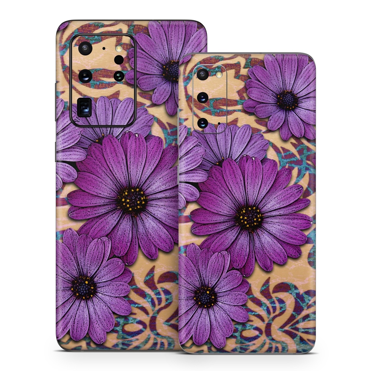 Samsung Galaxy S20 Series Skin design of Purple, Flower, Violet, Petal, Plant, african daisy, Floral design, Wildflower, Pattern, Textile, with purple, black, gray, blue, green, red colors