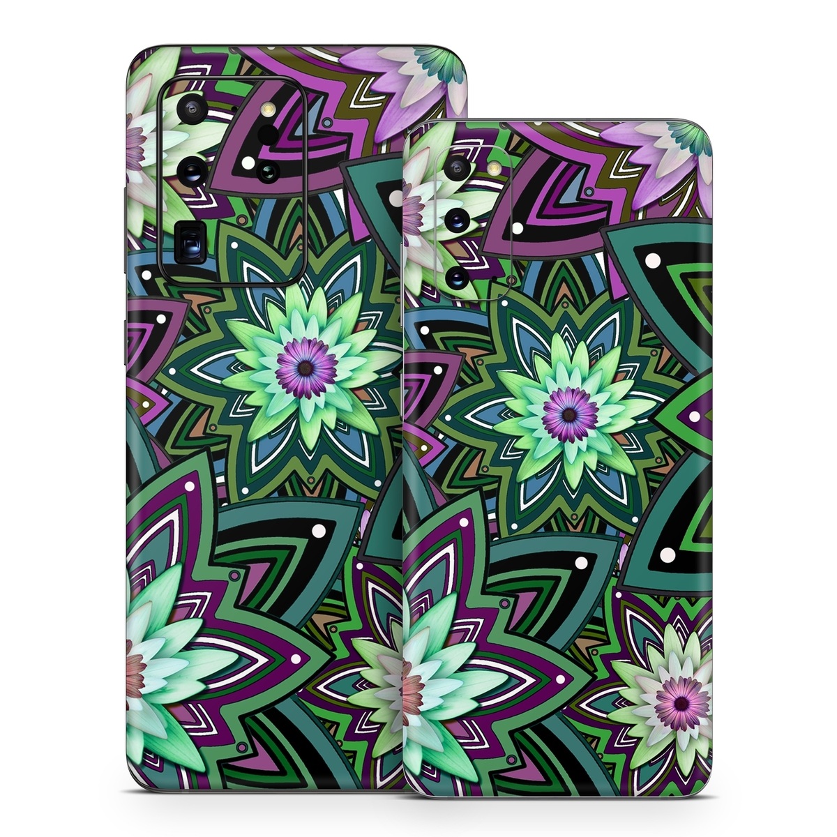 Samsung Galaxy S20 Series Skin design of Pattern, Purple, Green, Flower, Psychedelic art, Design, Lilac, Plant, Symmetry, Visual arts, with black, gray, green, purple, blue, red colors