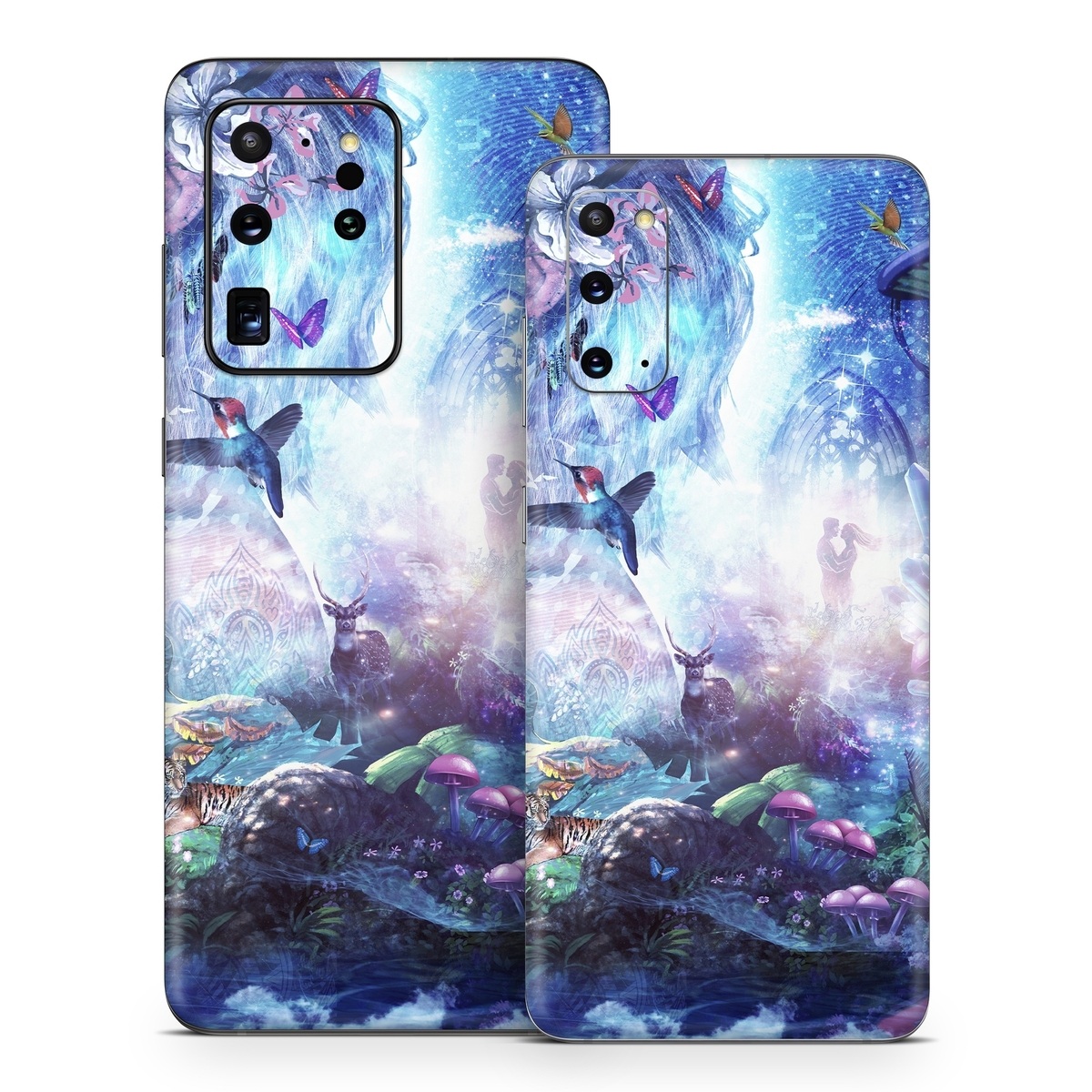 Samsung Galaxy S20 Series Skin design of Man, Woman, Fictional Character, Mythology, Bird, Wing, Mythical Creature, Deer, Tiger, Mushrooms, Butterfly, with white, blue, green, red, yellow, black, purple, gray colors