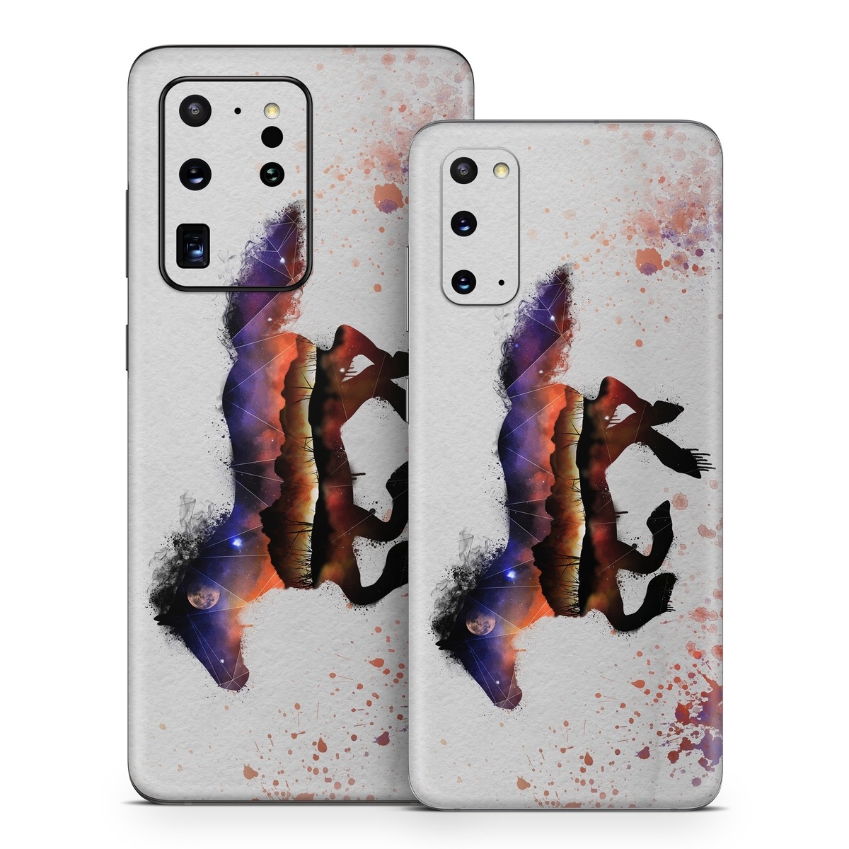 Samsung Galaxy S20 Series Skin design of Watercolor paint, Illustration, Art, Horse, Paint, Drawing, Graphic design, Painting, Visual arts, Mustang horse, with gray, white, purple, red, yellow, black, orange colors