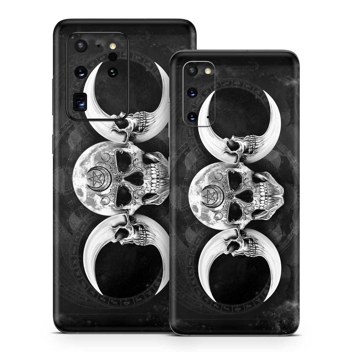 Samsung Galaxy S20 Series Skin design of Bone, Skull, Darkness, Monochrome, Black-and-white, Circle, Symmetry, Visual Arts, Illustration, Skeleton, Drawing, with black, white, gray colors