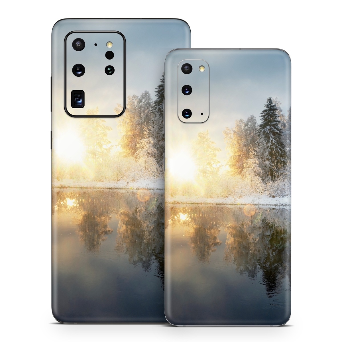 Samsung Galaxy S20 Series Skin design of Cloud, Water, Sky, Water resources, Atmosphere, Plant, Natural landscape, Branch, Tree, Freezing, with blue, black, yellow, orange, white colors