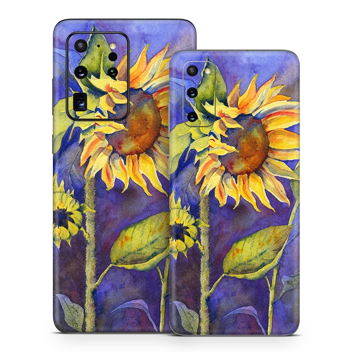 Samsung Galaxy S20 Series Skin design of Flower, Sunflower, Painting, sunflower, Watercolor paint, Plant, Flowering plant, Yellow, Acrylic paint, Still life, with green, black, blue, gray, red, orange colors