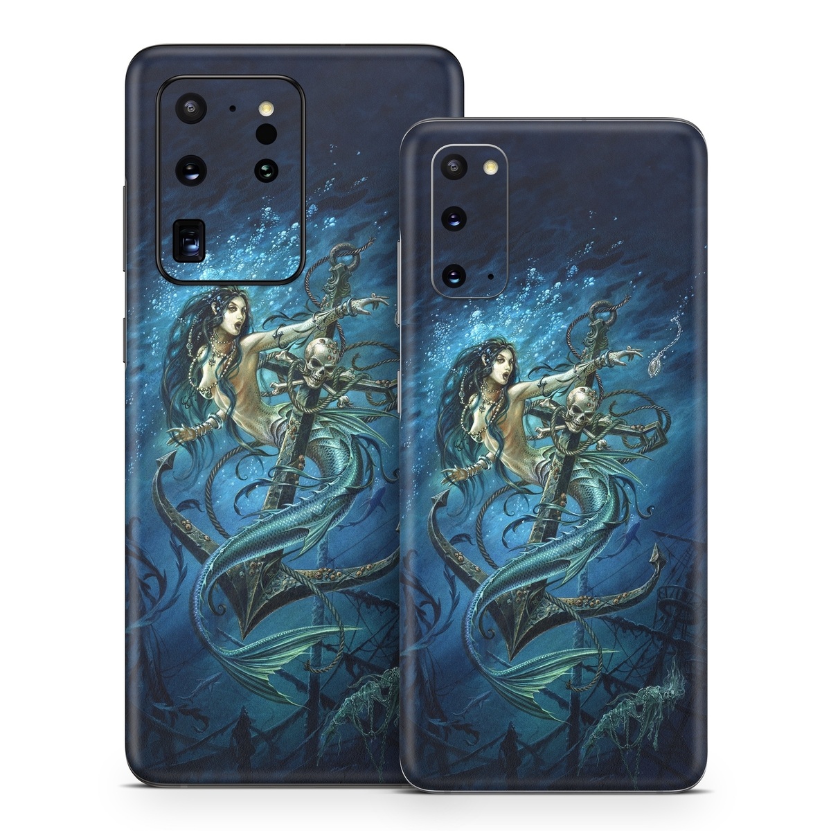 Samsung Galaxy S20 Series Skin design of Mermaid, Cg artwork, Illustration, Fictional character, Art, Mythology, Mythical creature, Graphic design, with blue, green, white, black colors