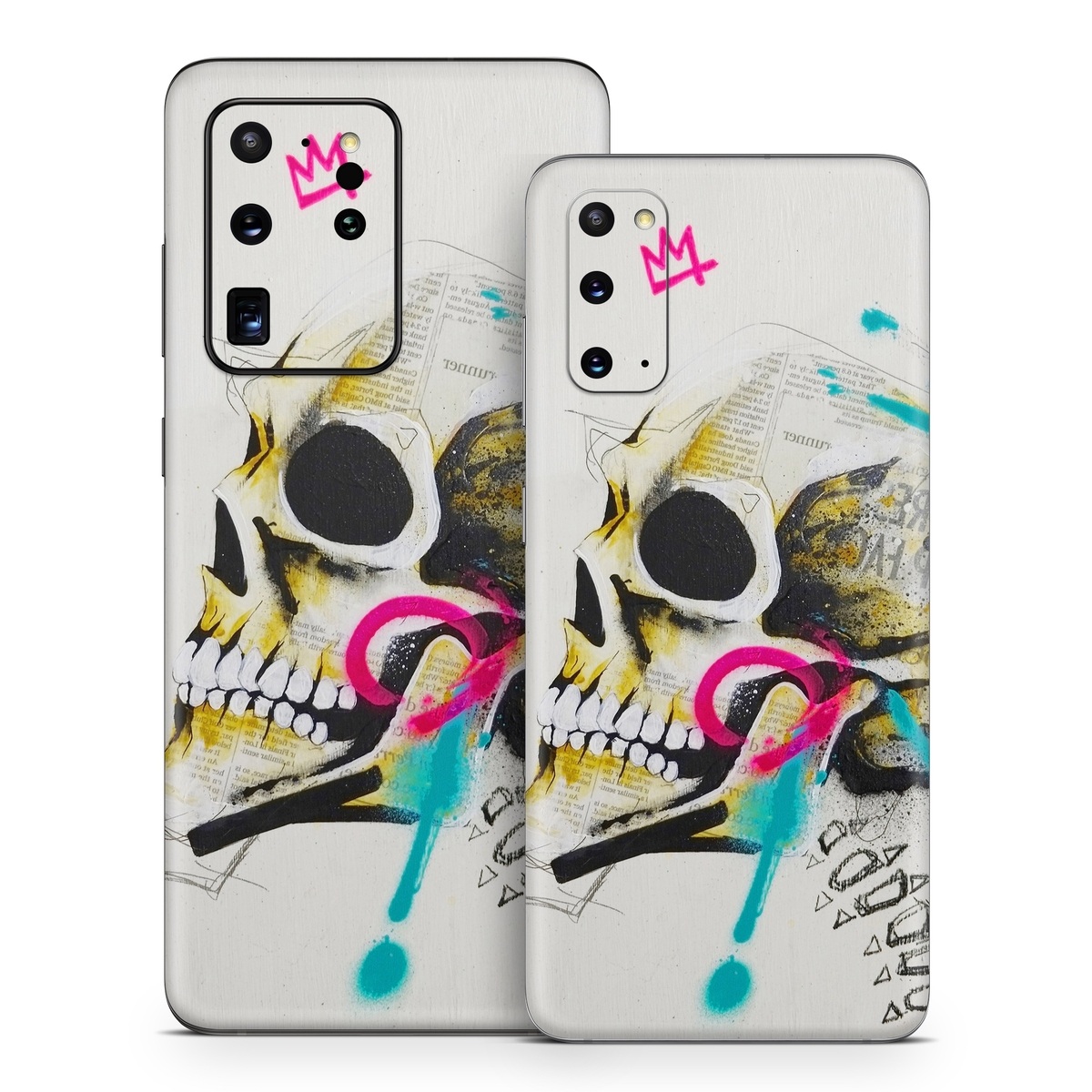 Samsung Galaxy S20 Series Skin design of Graphic design, Skull, Illustration, Art, Bone, Drawing, Visual arts, Font, Modern art, Street art, with blue, pink, yellow, black colors