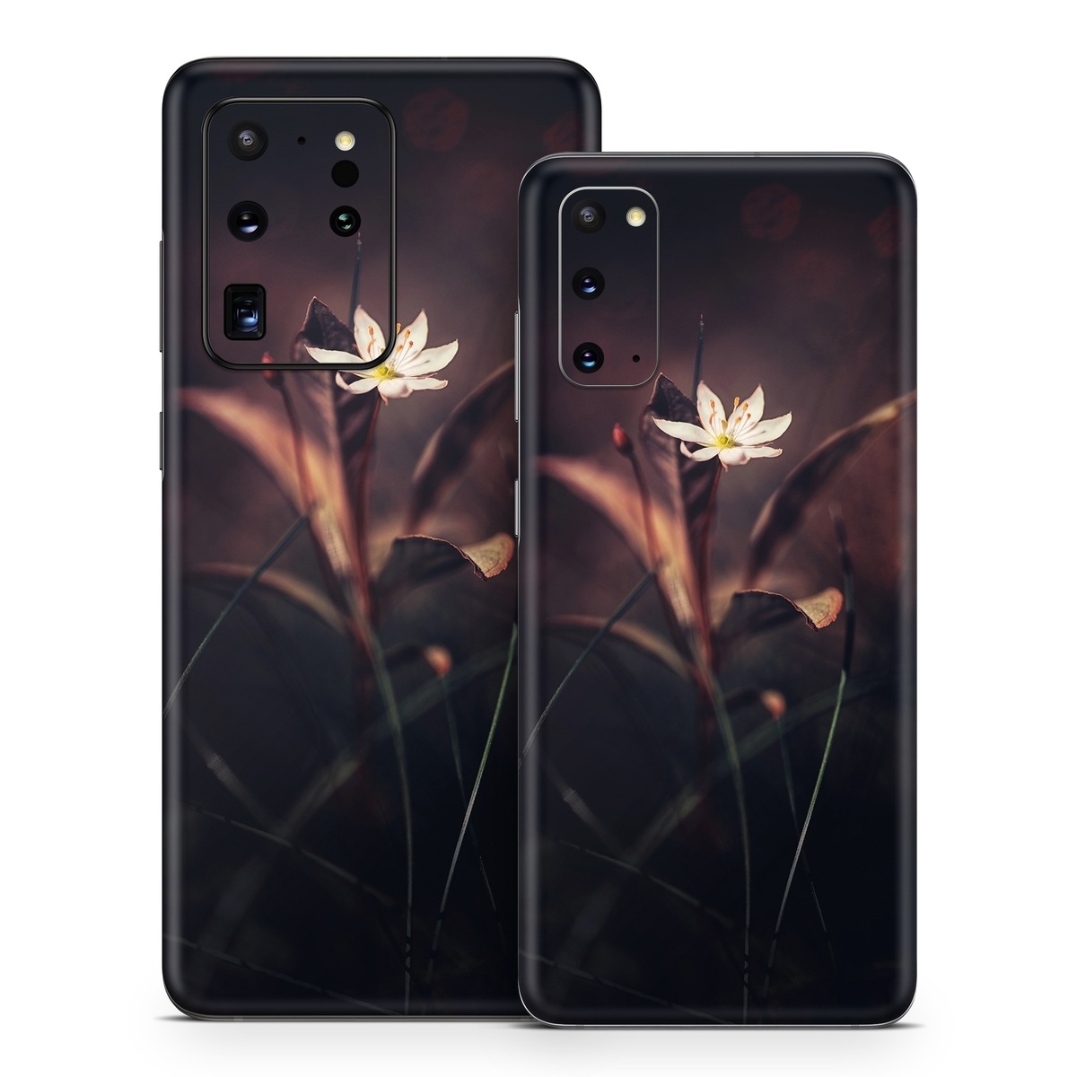 Samsung Galaxy S20 Series Skin design of Flower, Yellow, Light, Plant, Sky, Still life photography, Wildflower, Petal, Darkness, Spring, with black, red colors