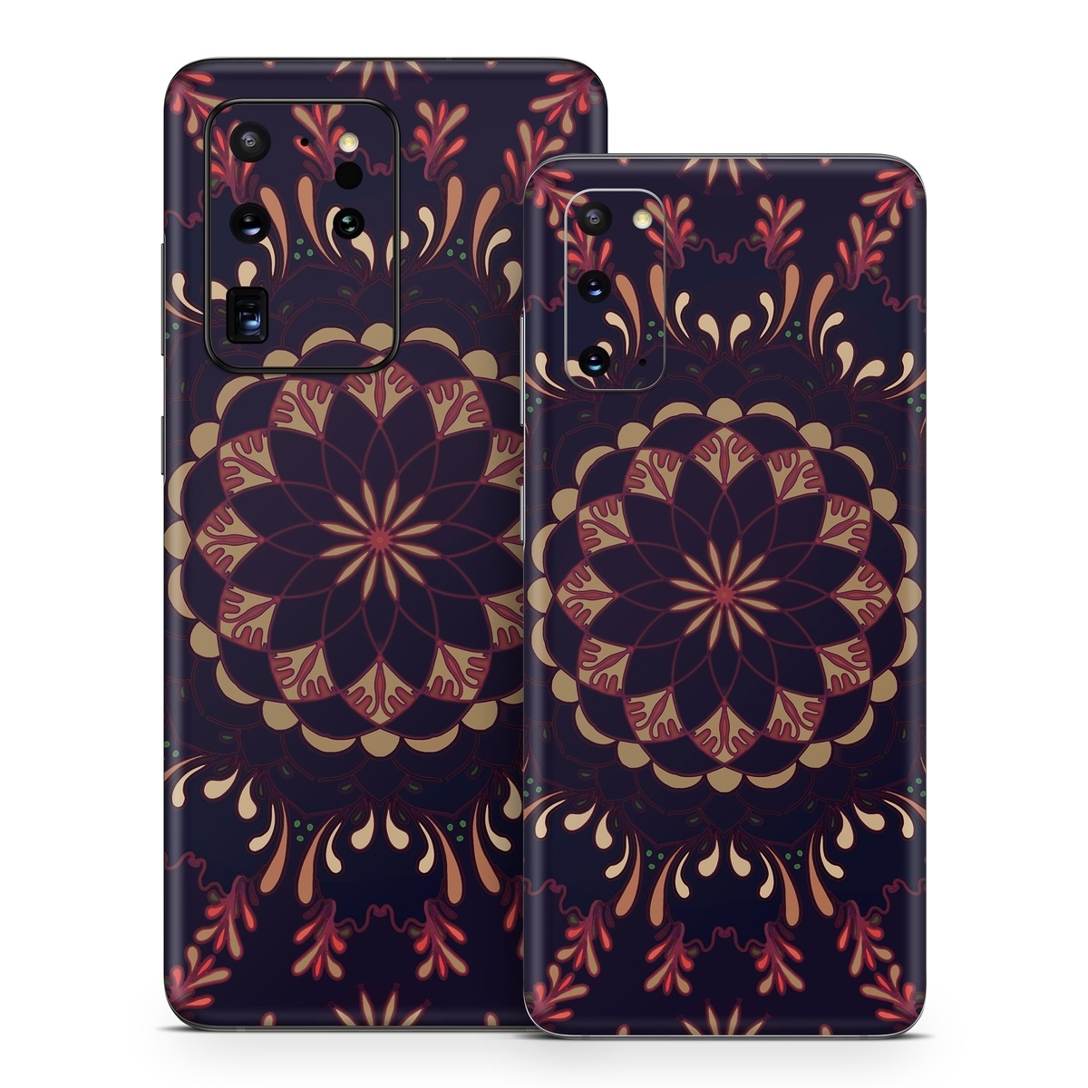 Samsung Galaxy S20 Series Skin design of Pattern, Brown, Red, Symmetry, Textile, Design, Visual arts, Tapestry, Kaleidoscope, with black, red, orange, yellow, brown colors