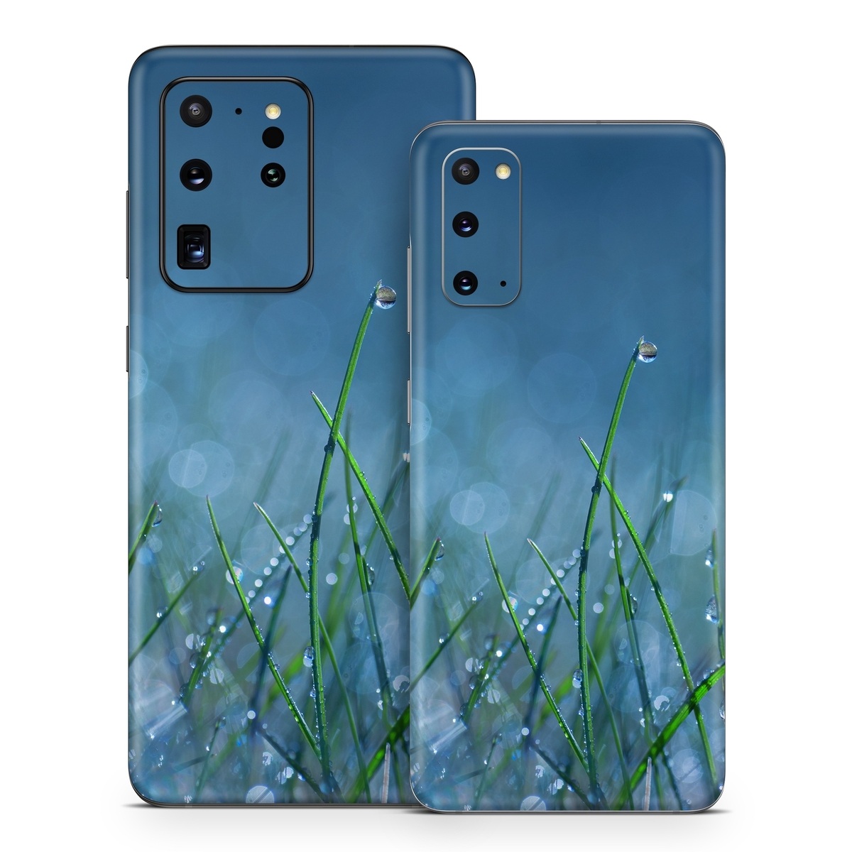 Samsung Galaxy S20 Series Skin design of Moisture, Dew, Water, Green, Grass, Plant, Drop, Grass family, Macro photography, Close-up, with blue, black, green, gray colors