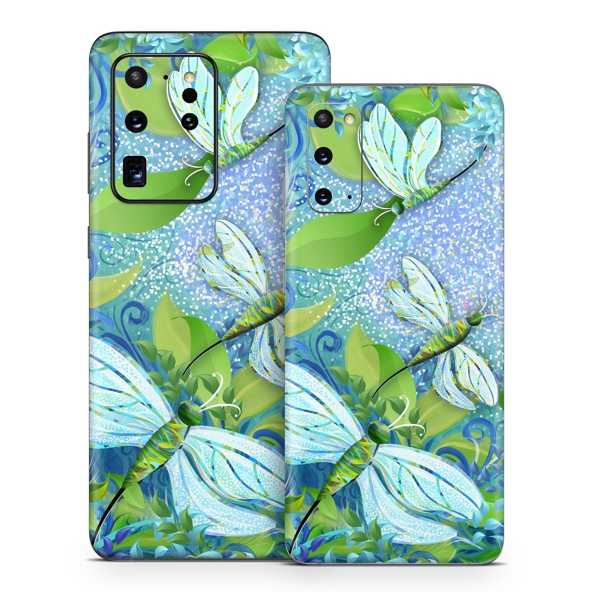 Samsung Galaxy S20 Series Skin design of Green, Blue, Leaf, Plant, Pattern, Tree, Design, Organism, Branch, Flower, with gray, blue, green, purple colors