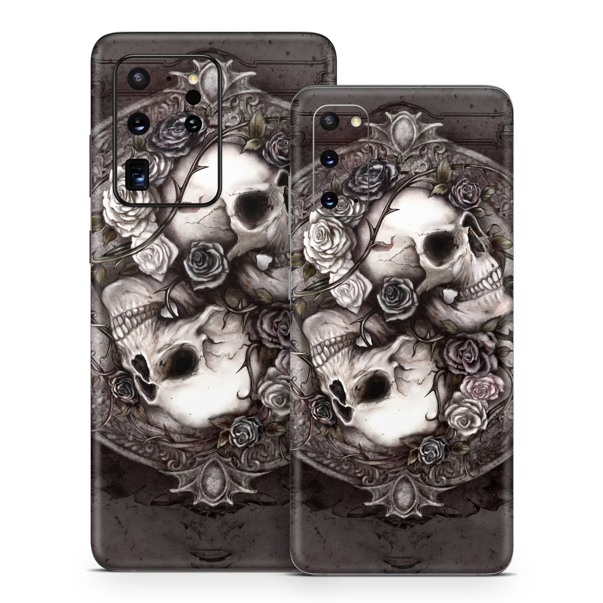 Samsung Galaxy S20 Series Skin design of Skull, Bone, Illustration, Font, Still life photography, Photography, Still life, Art, Monochrome, Circle, with black, white, brown, pink colors