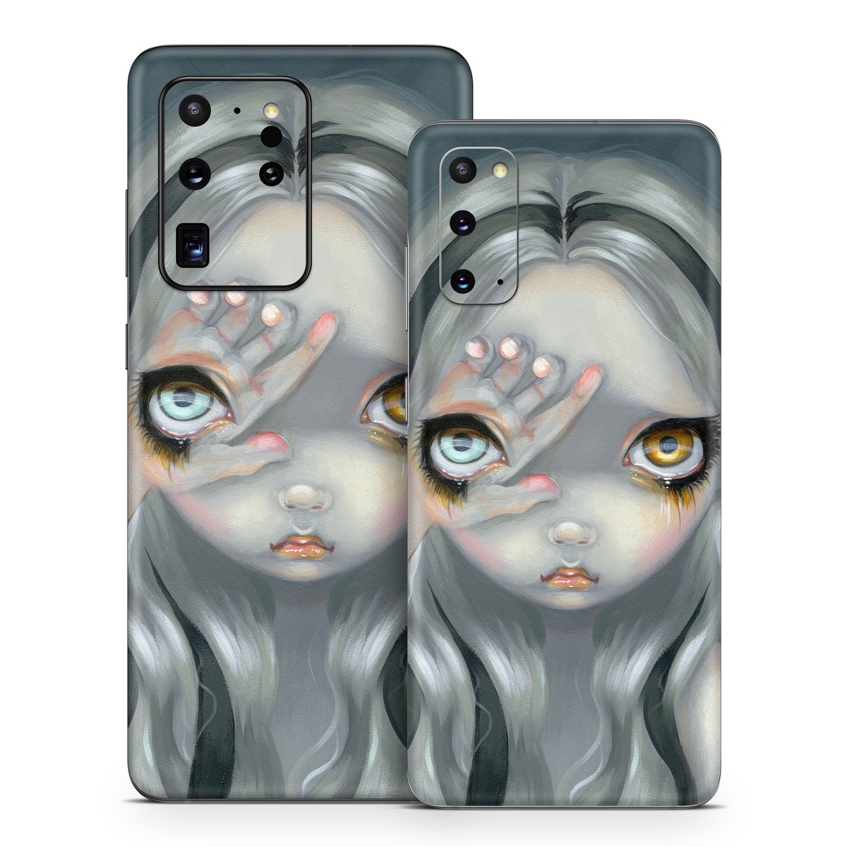 Samsung Galaxy S20 Series Skin design of Face, Head, Cg artwork, Eye, Illustration, Organ, Fictional character, Art, Iris, Darkness, with black, gray, blue, green colors