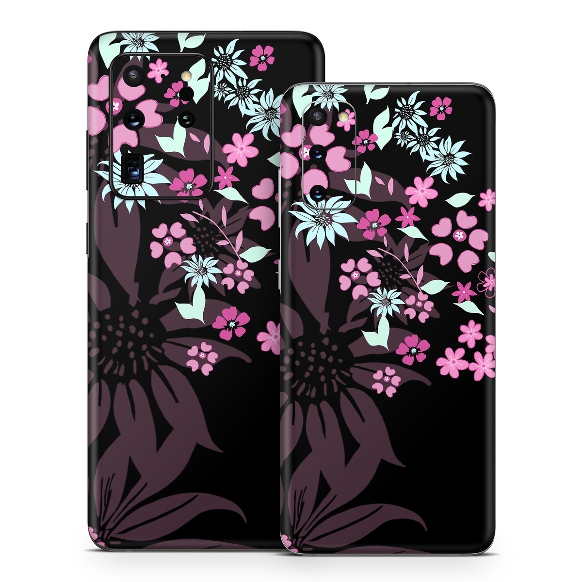 Samsung Galaxy S20 Series Skin design of Pink, Pattern, Flower, Plant, Botany, Petal, Floral design, Design, Pedicel, Graphic design, with black, gray, purple, green, red, pink colors