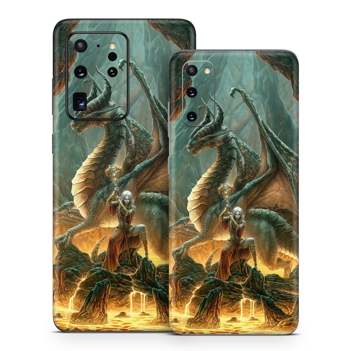 Samsung Galaxy S20 Series Skin design of Dragon, Cg artwork, Mythology, Fictional character, Mythical creature, Art, Illustration, Cryptid, Sculpture, Demon, with black, green, red, gray, blue colors