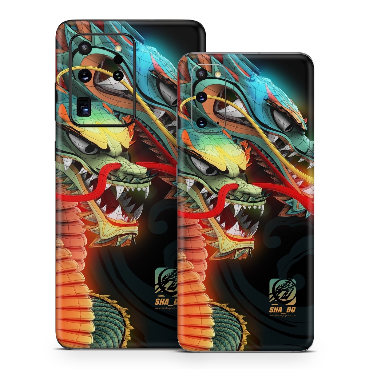 Samsung Galaxy S20 Series Skin design of Dragon, Fictional character, Illustration, Art, Cg artwork, Fiction, Mythical creature, Graphics, with black, green, red, yellow, orange colors