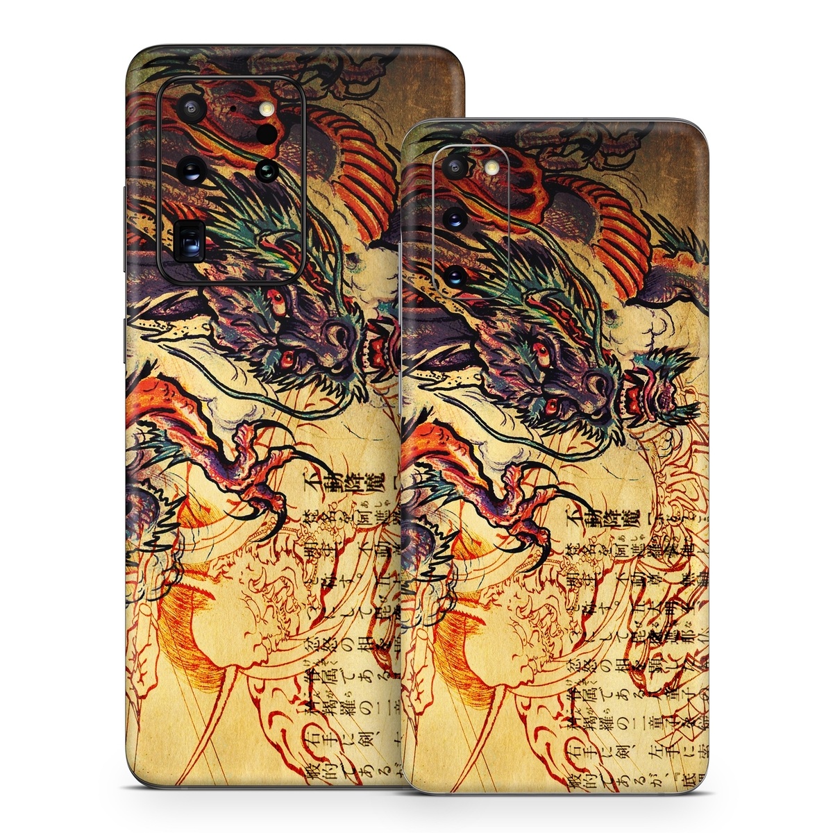 Samsung Galaxy S20 Series Skin design of Illustration, Fictional character, Art, Demon, Drawing, Visual arts, Dragon, Supernatural creature, Mythical creature, Mythology, with black, green, red, gray, pink, orange colors
