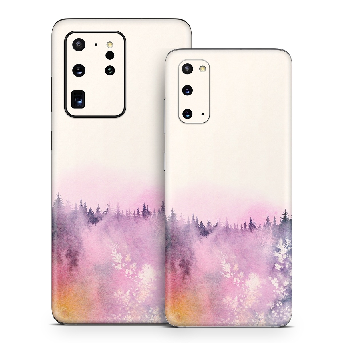 Samsung Galaxy S20 Series Skin design of Watercolor paint, Sky, Atmospheric phenomenon, Tree, Atmosphere, Cloud, Landscape, Forest, Painting, Illustration, with white, yellow, pink, purple, blue, black colors
