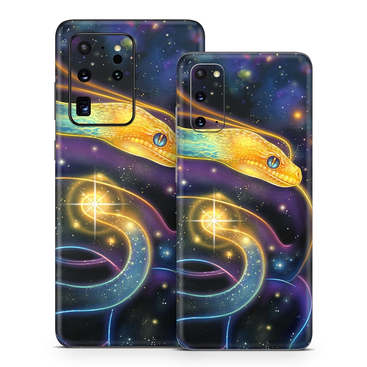 Samsung Galaxy S20 Series Skin design of Atmosphere, Light, Organism, Art, Font, Astronomical object, Galaxy, Star, Science, Nebula, with black, white, yellow, orange, green, purple colors